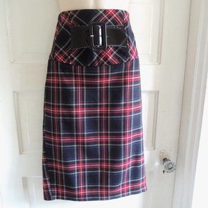 CR Signature Red & Black Plaid Pencil Skirt Patent Buckle 5 (S/M)